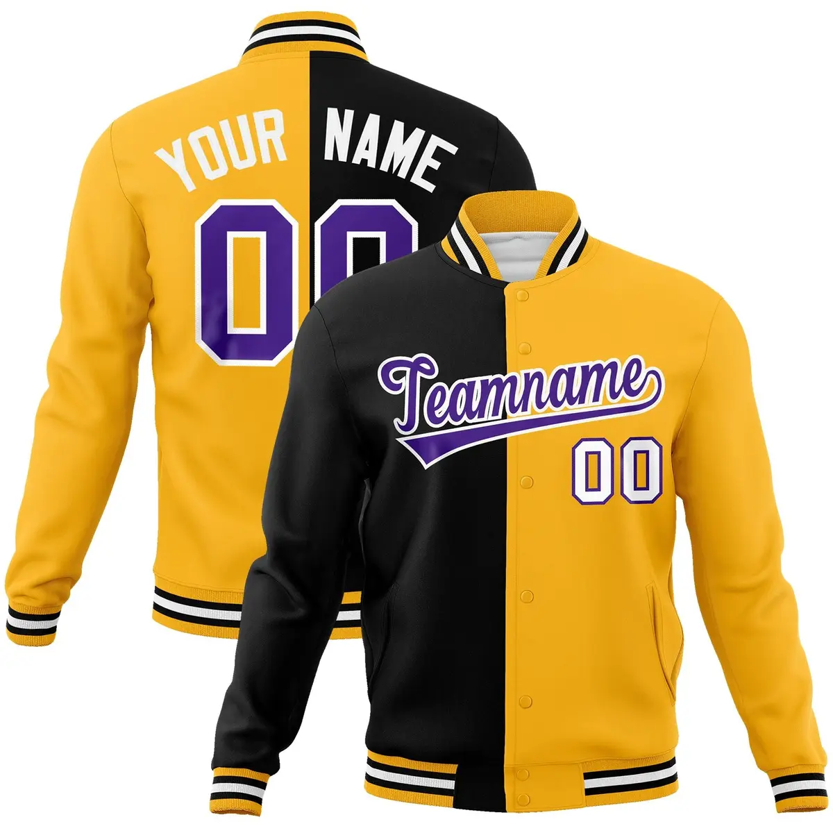 Black Yellow-Purple Two Tone Split Varsity Full-Snap Letterman Jacket