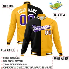 Black Yellow-Purple Two Tone Split Varsity Full-Snap Letterman Jacket 4