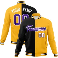 Black Yellow-Purple Two Tone Split Varsity Full-Snap Letterman Jacket