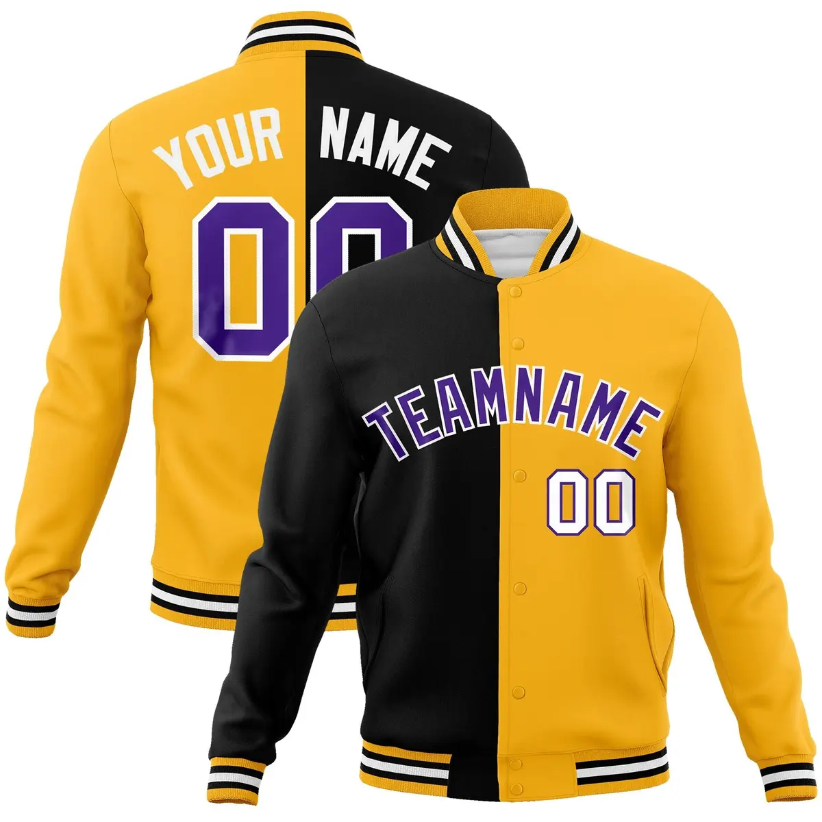 Black Yellow-Purple Two Tone Split Varsity Full-Snap Letterman Jacket