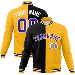 Black Yellow-Purple Two Tone Split Varsity Full-Snap Letterman Jacket