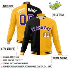 Black Yellow-Purple Two Tone Split Varsity Full-Snap Letterman Jacket 4