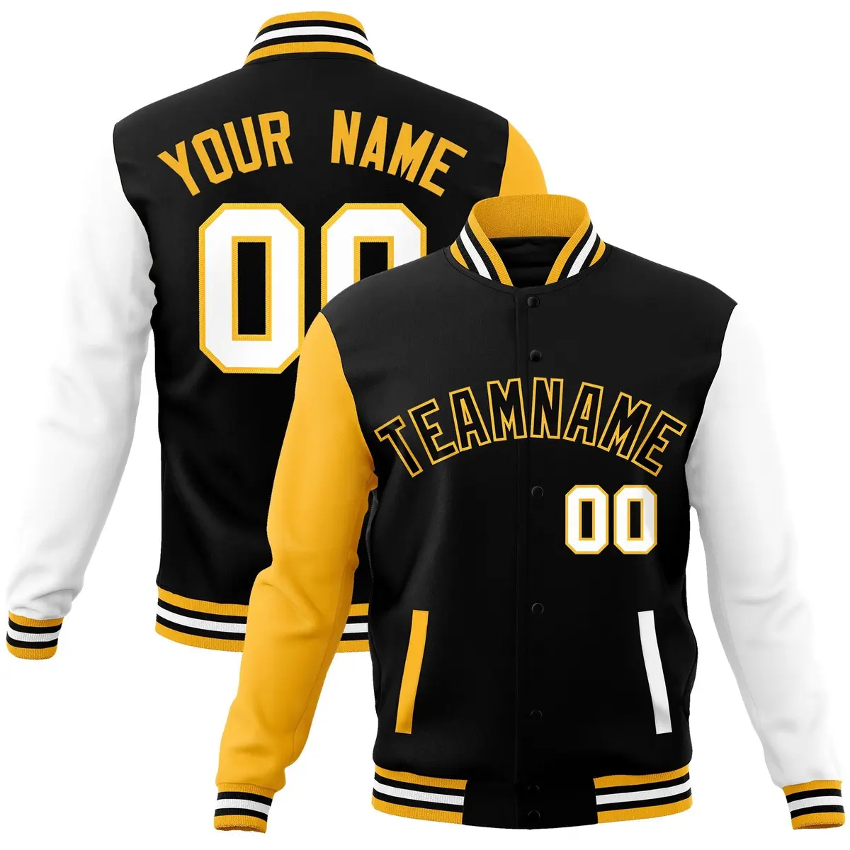 Black Yellow Raglan Full-Snap Varsity Letterman Jacket