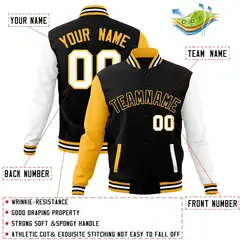 Black Yellow Raglan Full-Snap Varsity Letterman Jacket 4