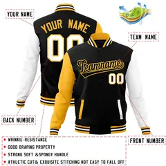 Black Yellow Raglan Full-Snap Varsity Letterman Jacket 4
