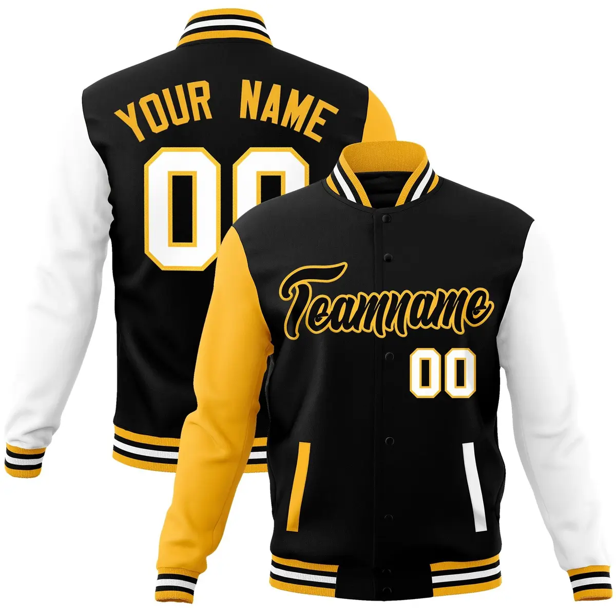 Black Yellow Raglan Full-Snap Varsity Letterman Jacket