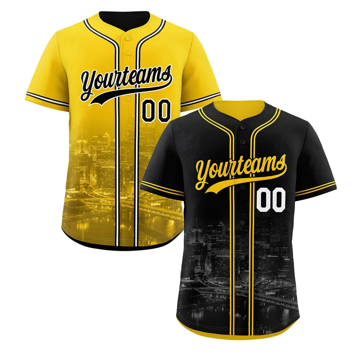 Black Yellow Reversible City Skyline Graffiti Baseball Jersey