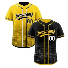 Black Yellow Reversible City Skyline Graffiti Baseball Jersey 1