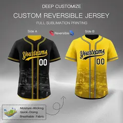 Black Yellow Reversible City Skyline Graffiti Baseball Jersey 2