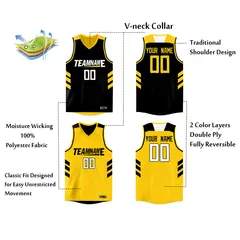 Black Yellow Reversible Double Side Basketball Jersey 4