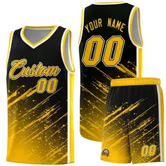 Black Yellow Splash Basketball Kits with Tackle Twill 1