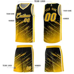 Black Yellow Splash Basketball Kits with Tackle Twill 5