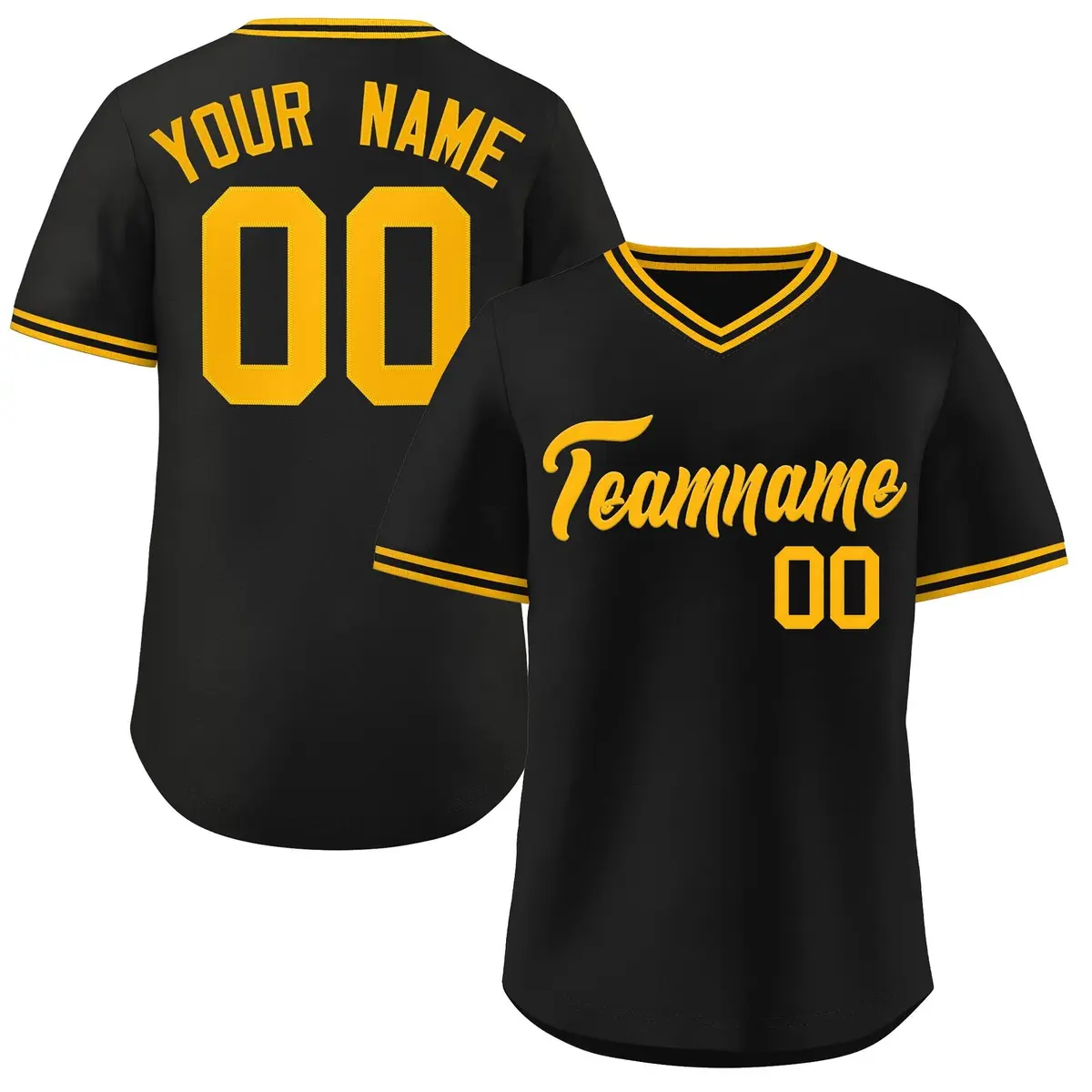 Black Yellow V-Neck Pullover Baseball Jersey