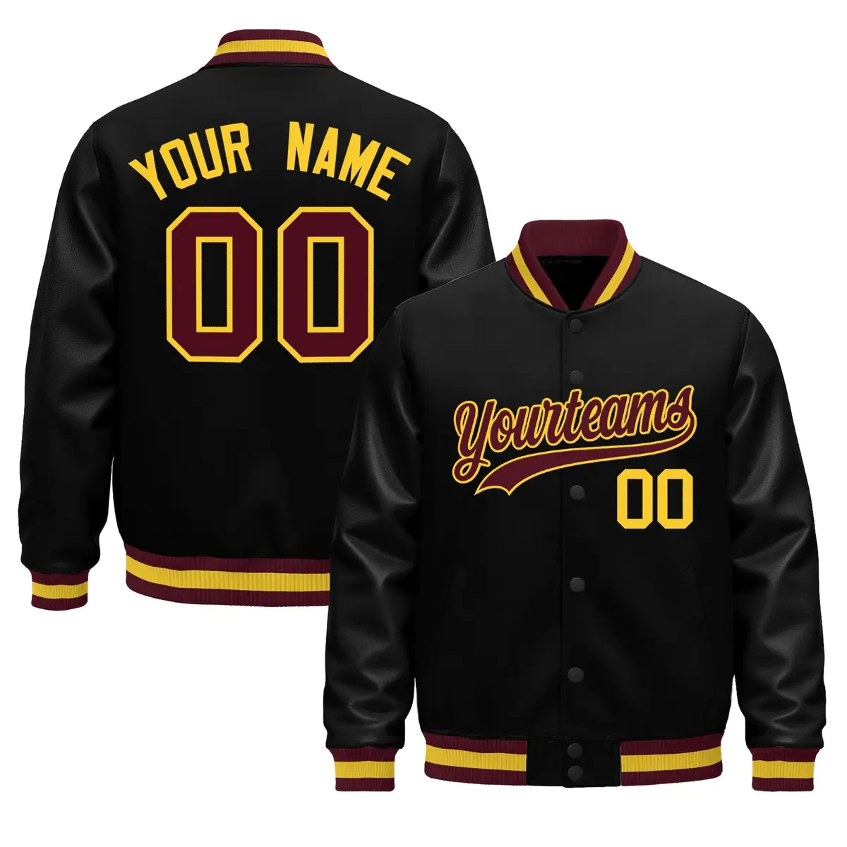 Black Yellow Varsity Jacket with Faux Leather Sleeves