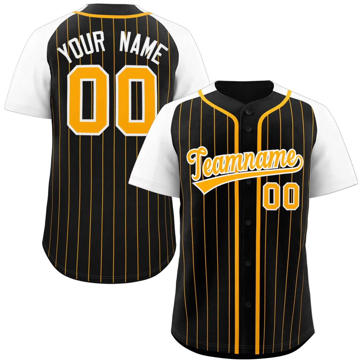 Black Yellow-White Stripe Raglan Baseball Jersey