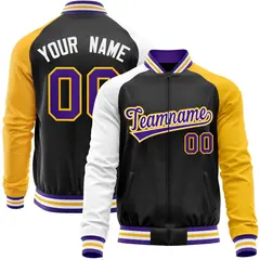 Black Yellow-White Varsity Full-Zip Raglan Letterman Baseball Jacket 1