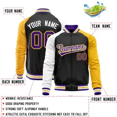 Black Yellow-White Varsity Full-Zip Raglan Letterman Baseball Jacket 4