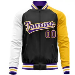 Black Yellow-White Varsity Full-Zip Raglan Letterman Baseball Jacket 5