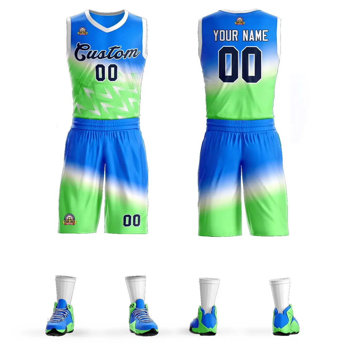 Blue Green-Black Gradient Slash Basketball Jersey
