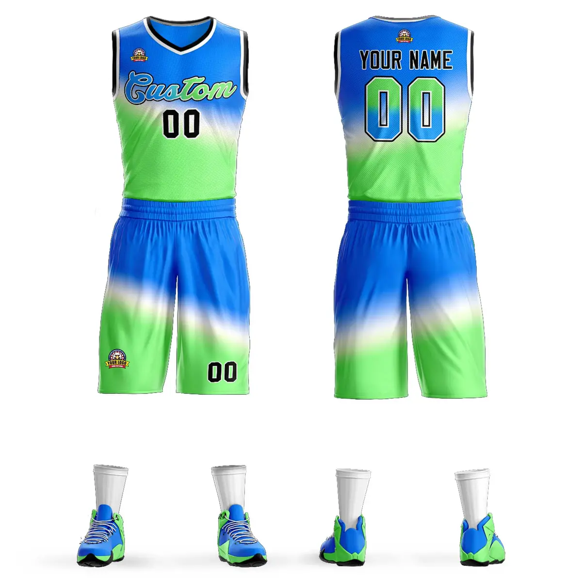 Blue Green-Blue Gradient Slash Basketball Jersey