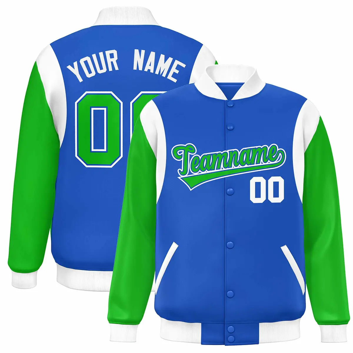 Blue Kelly Green-White Color Block Varsity Baseball Jacket