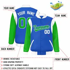 Blue Kelly Green-White Color Block Varsity Baseball Jacket 2