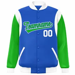 Blue Kelly Green-White Color Block Varsity Baseball Jacket 3