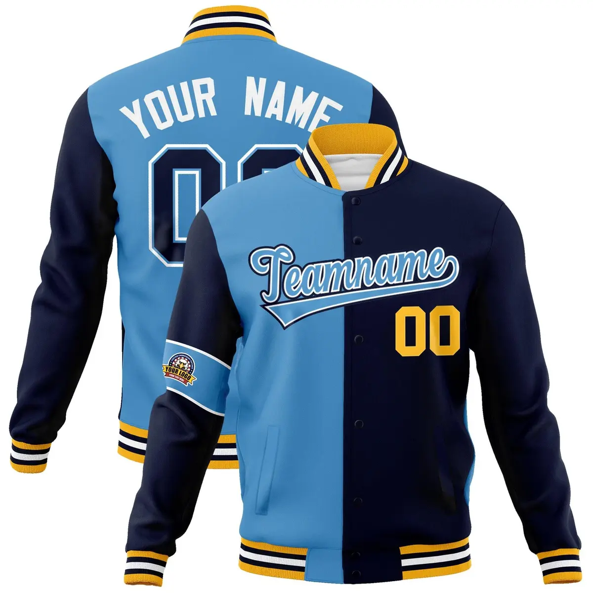 Blue Navy Two Tone Full-Snap Letterman Varsity Jacket