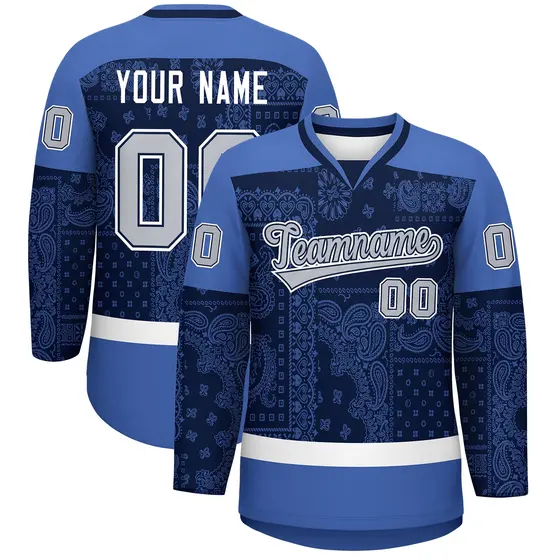 Blue Navy White Cashew Flower Graffiti V-Neck Hockey Jersey