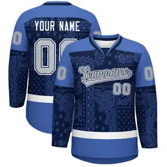 Blue Navy White Cashew Flower Graffiti V-Neck Hockey Jersey 1