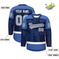 Blue Navy White Cashew Flower Graffiti V-Neck Hockey Jersey 2