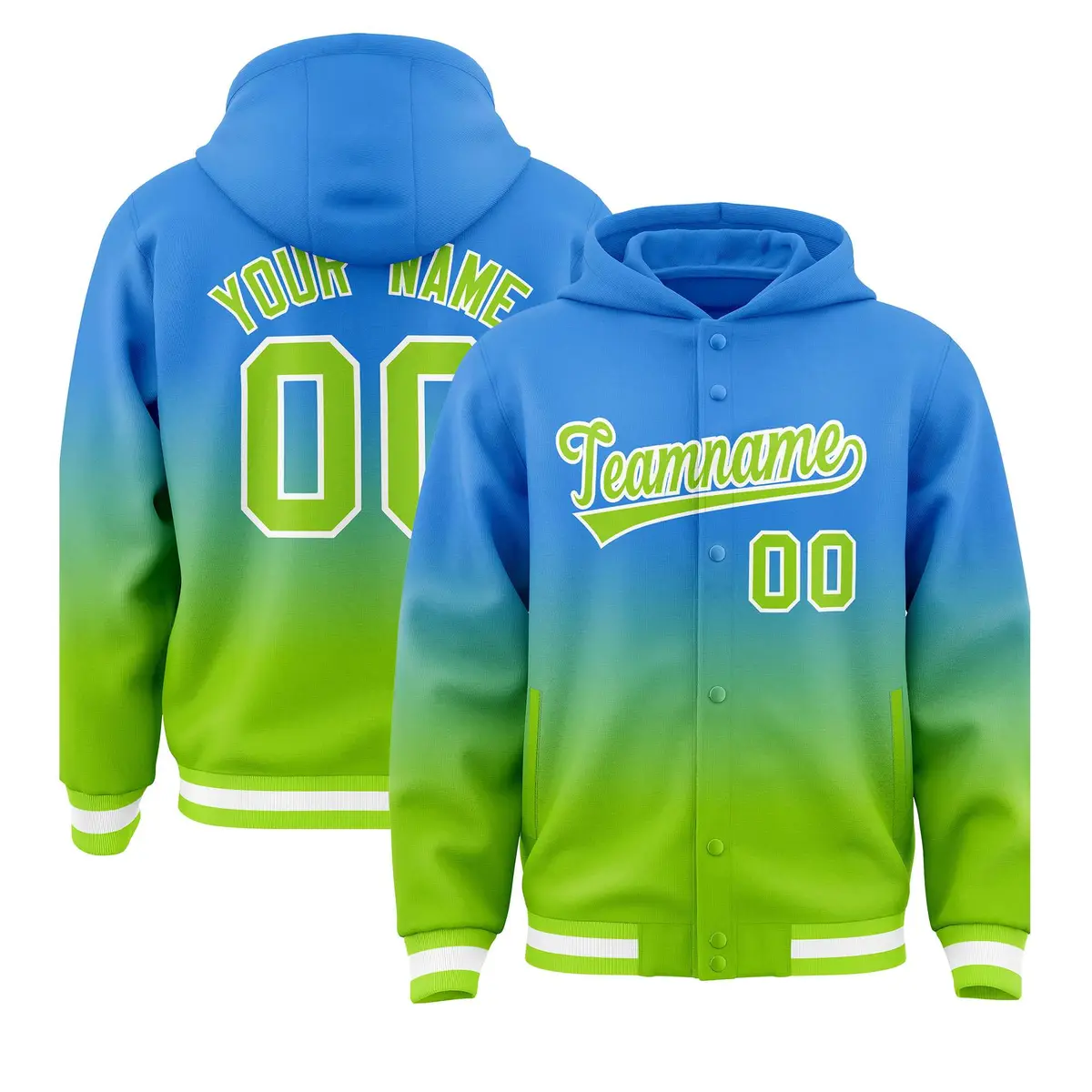 Blue Neon Green Gradient Varsity Letterman Jacket Hoodie