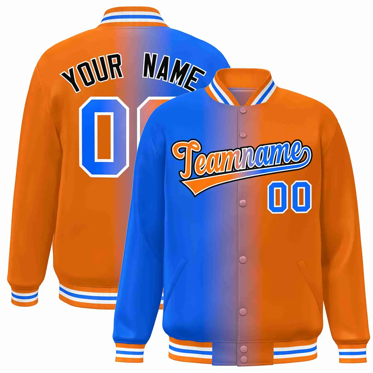 Blue Orange-White Gradient Varsity Letterman Bomber Jacket