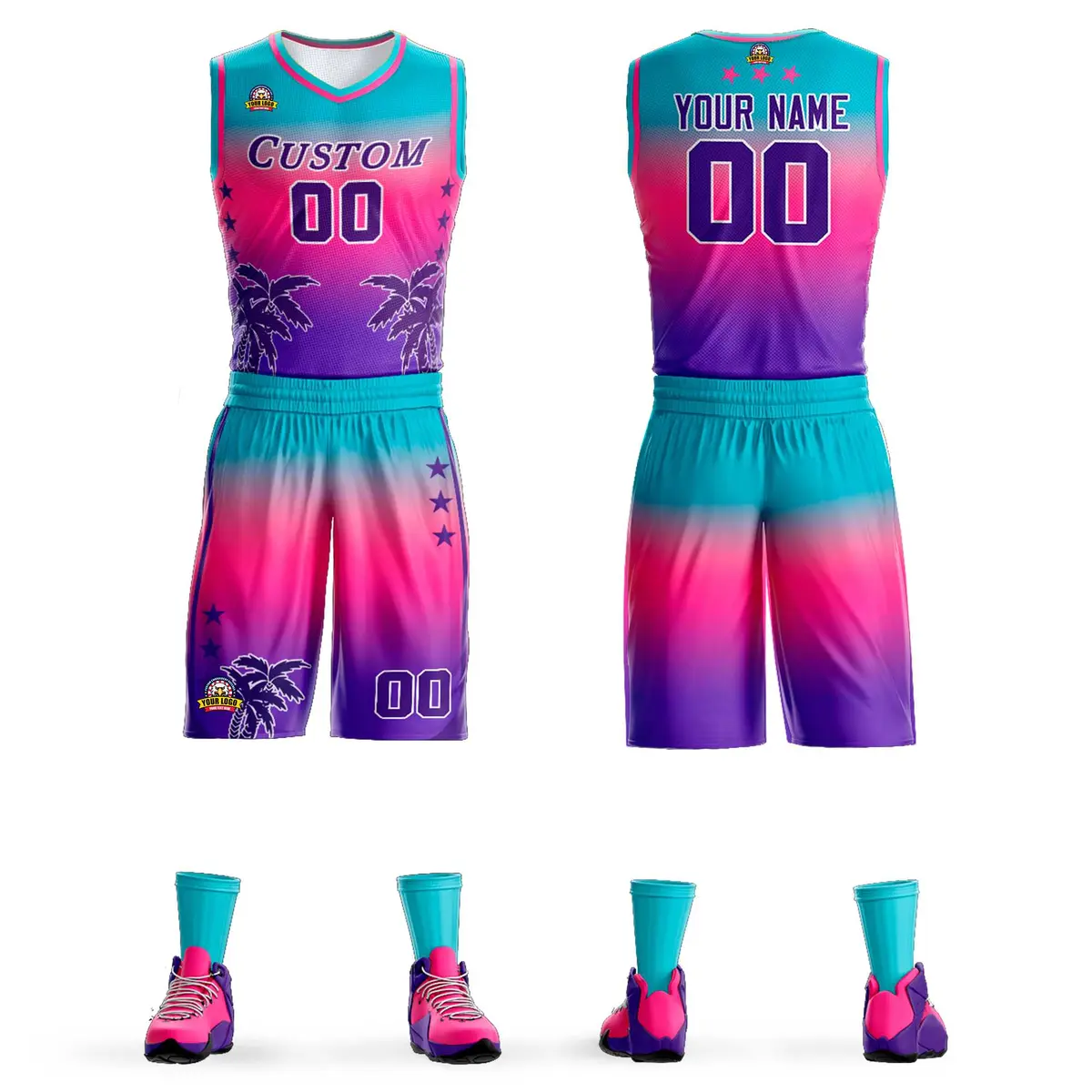 Blue Pink-Purple Gradient Coconut Palm Pattern Basketball Jersey