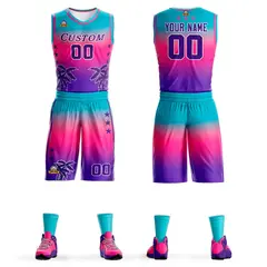 Blue Pink-Purple Gradient Coconut Palm Pattern Basketball Jersey