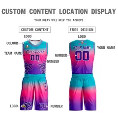 Blue Pink-Purple Gradient Coconut Palm Pattern Basketball Jersey 3