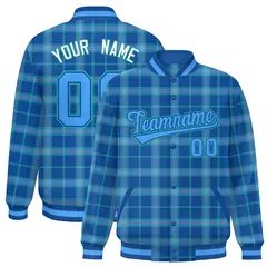 Blue Plaid Pattern Full-Snap Letterman Baseball Jacket