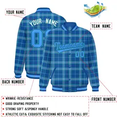 Blue Plaid Pattern Full-Snap Letterman Baseball Jacket 2