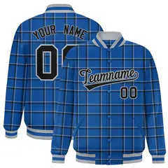 Blue Plaid Pattern Full-Snap Letterman Baseball Jacket 1