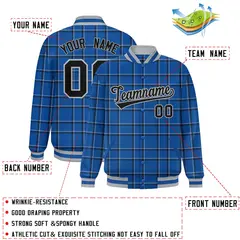 Blue Plaid Pattern Full-Snap Letterman Baseball Jacket 2