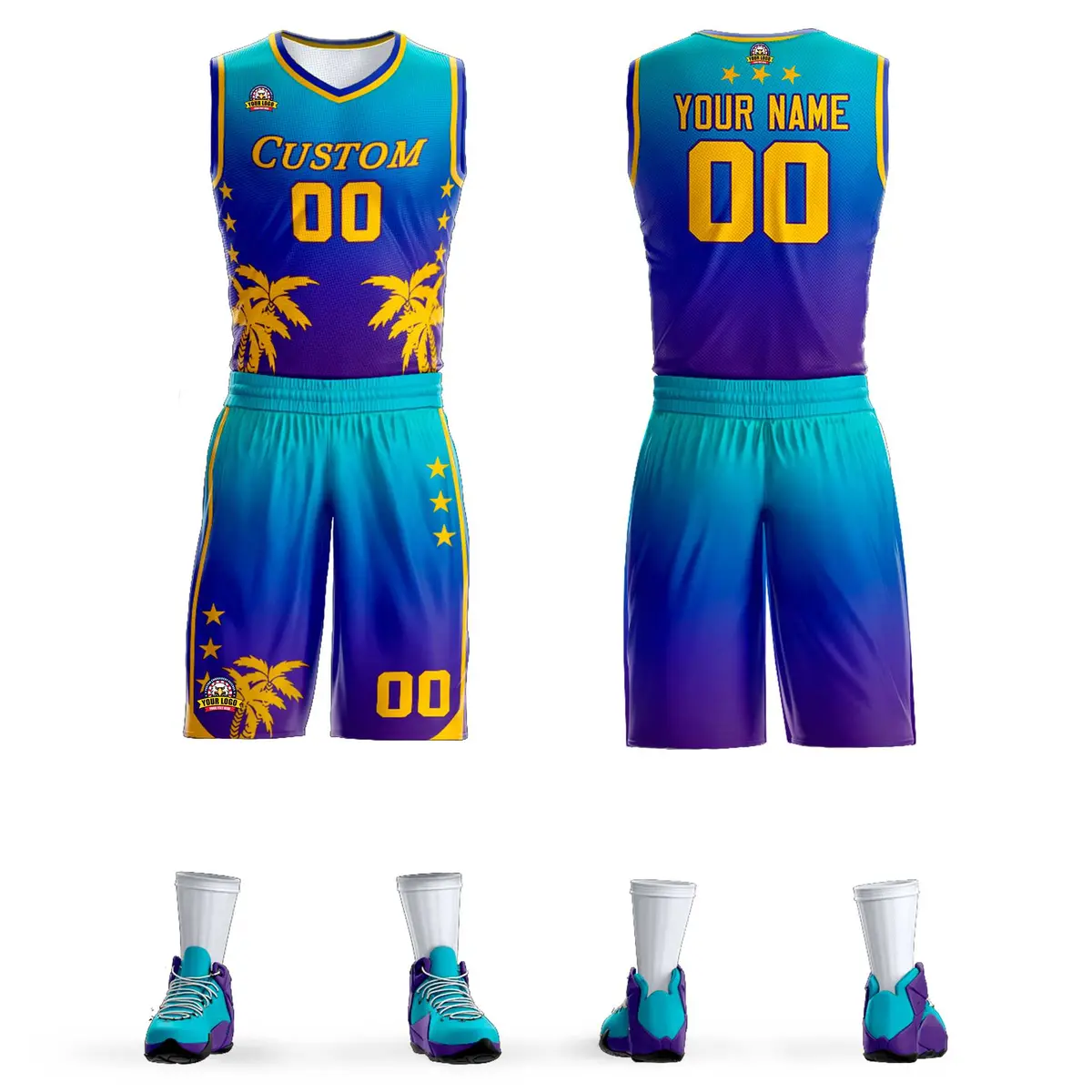 Blue Royal-Purple Gradient Coconut Palm Pattern Basketball Jersey