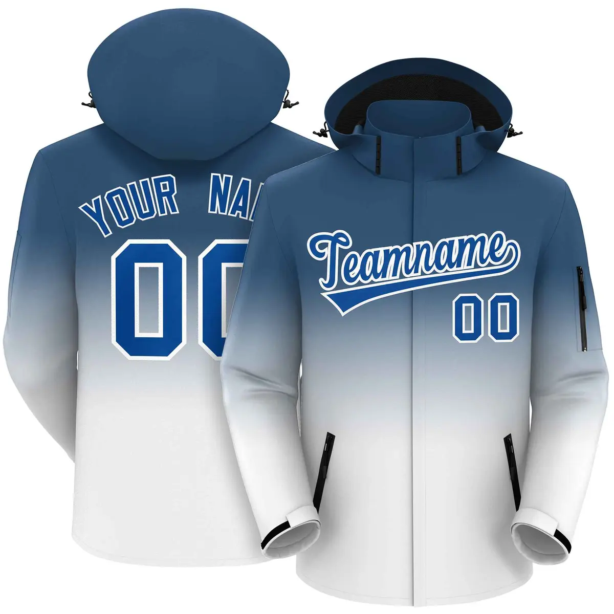 Blue White Gradient Hooded Outdoor Waterproof Jacket