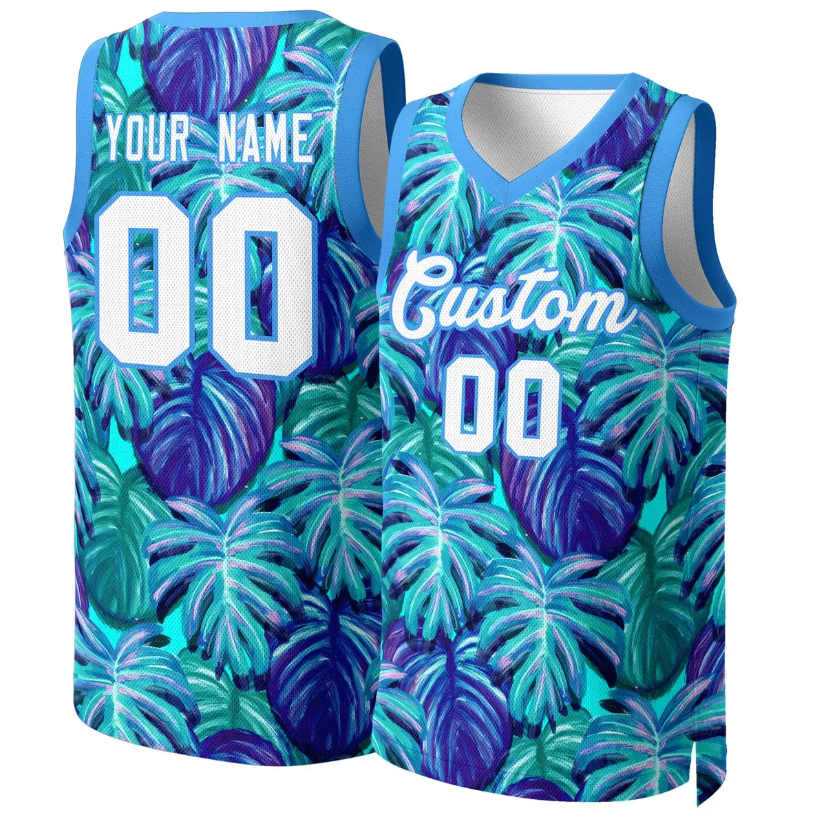 Blue White-Powder Blue Graffiti Pattern Mesh Basketball Jersey