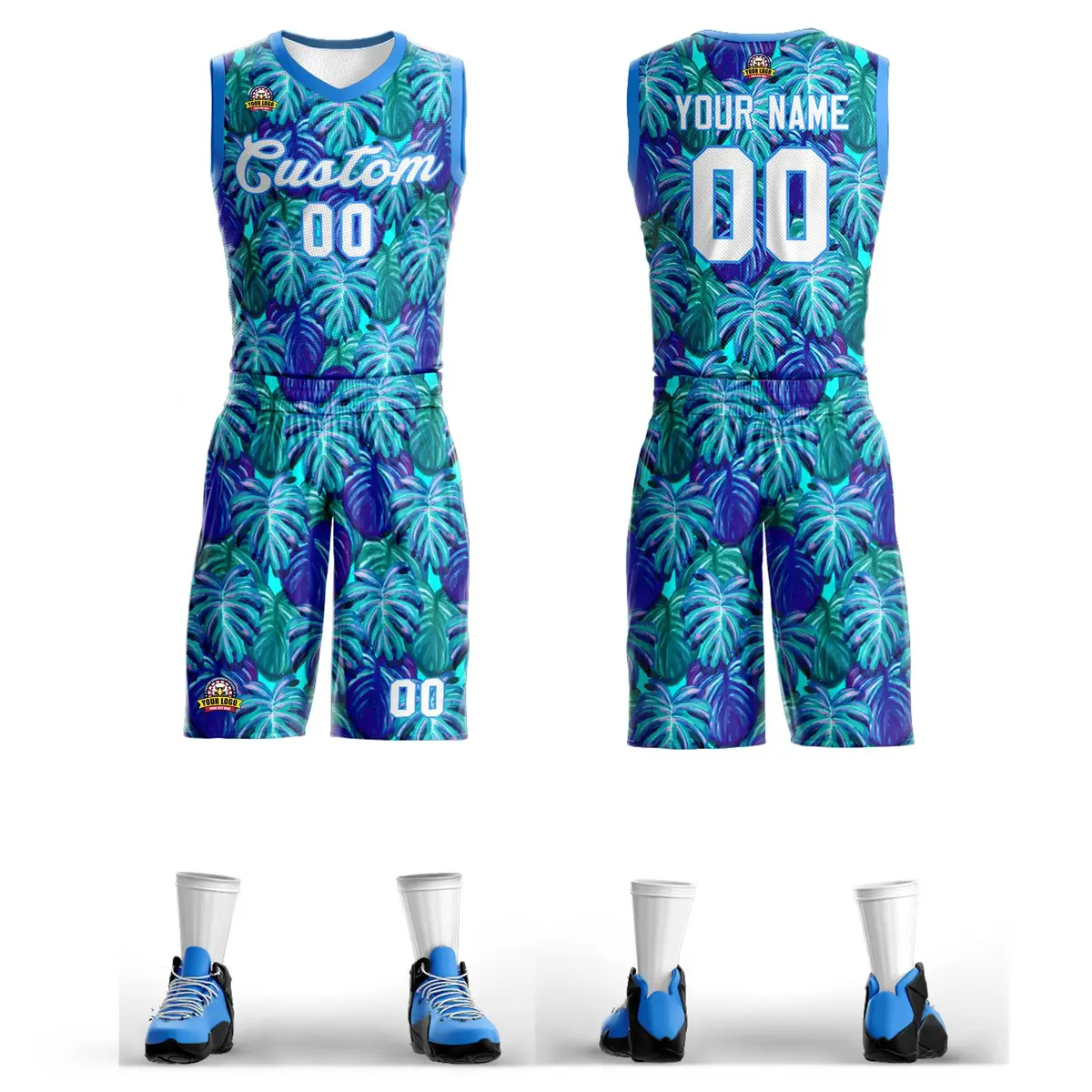 Blue White-Powder Blue Graffiti Pattern Mesh Basketball Jersey