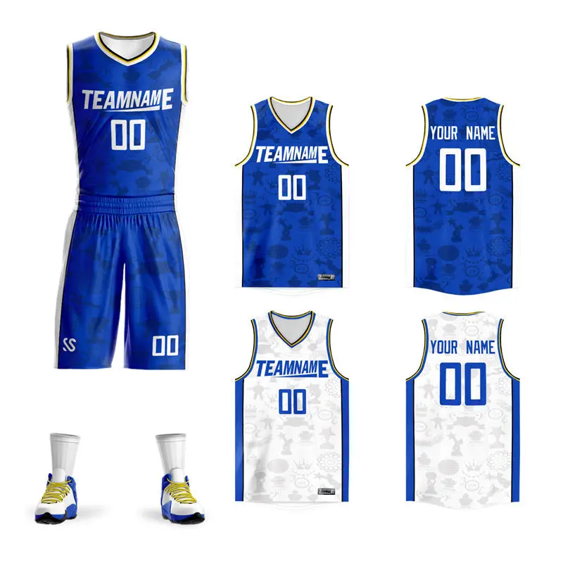 Blue White-Yellow Double Side Sets Basketball Jersey