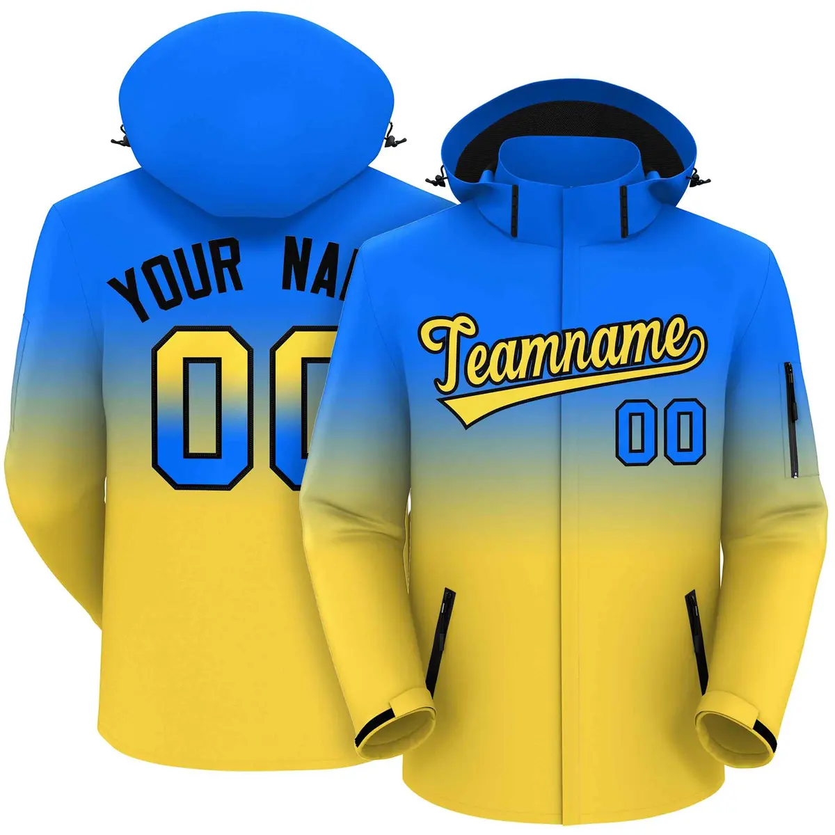 Blue Yellow Gradient Hooded Waterproof Outdoor Jacket