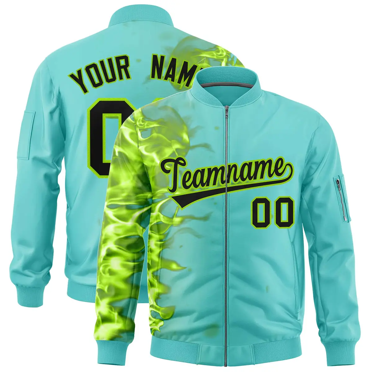 Bright Green 3D Flame Full-Zip Varsity Letterman Bomber Jacket