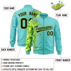 Bright Green 3D Flame Full-Zip Varsity Letterman Bomber Jacket 2