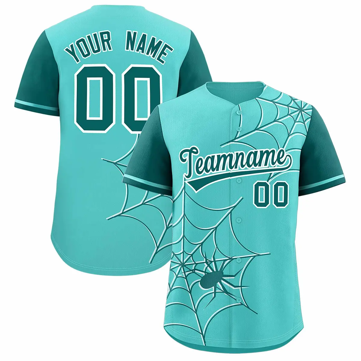 Bright Green Aqua Spider Web Raglan Sleeves Baseball Jersey
