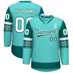 Bright Green Aqua-White Raglan Sleeves V-Neck Hockey Jersey 1